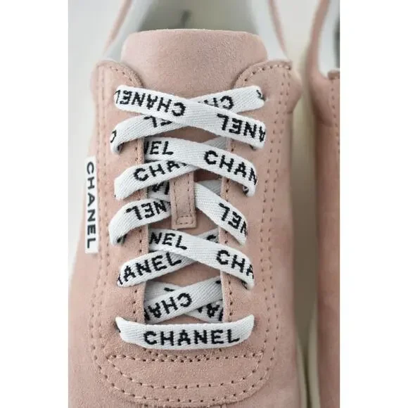 Chanel 20S Weekender Pink Suede CC Logo Laces Low Top Flat Runner Sneaker 42 - Picture 5 of 12